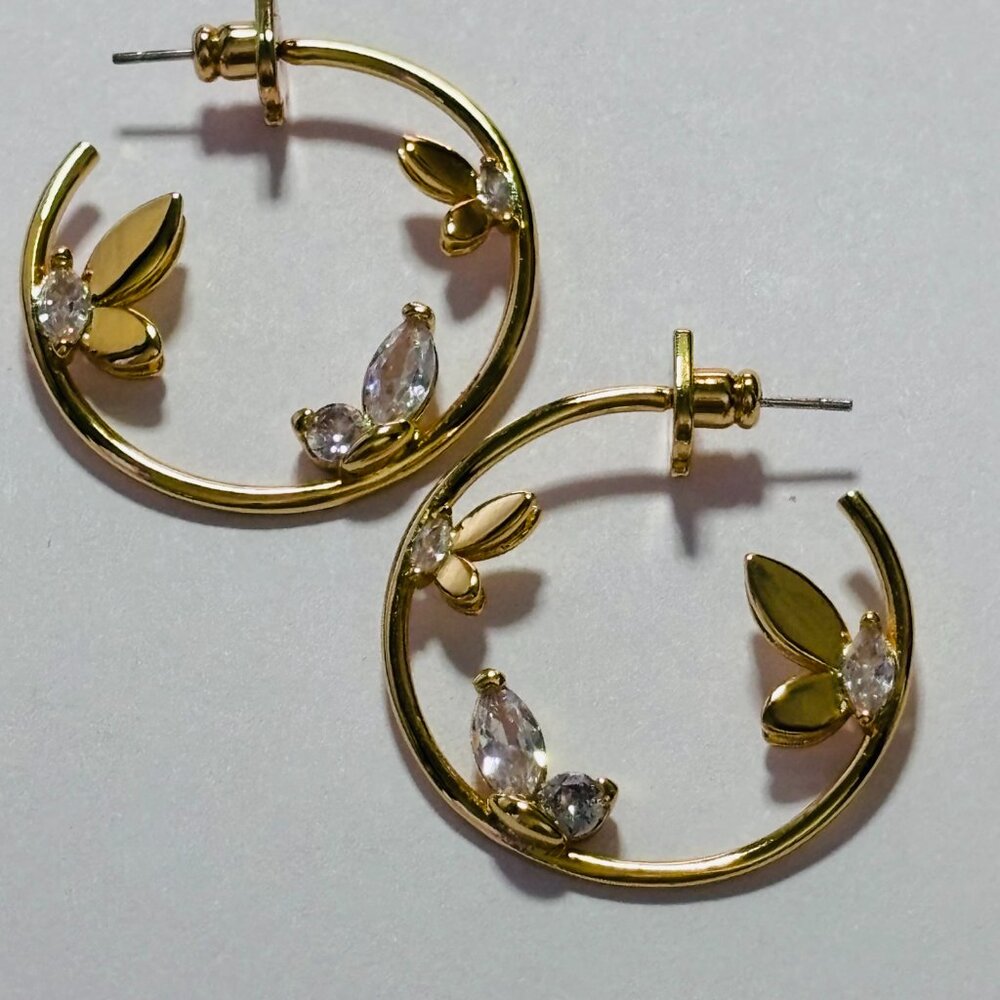 KATE SPADE Gold Floral Buffterfly Hoop Earrings Crystal Accent